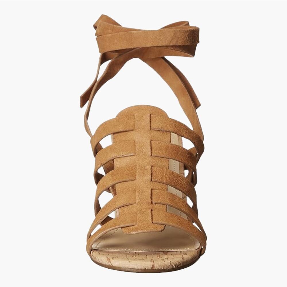 MARC FISHER "Riza" Leather Fisherman Cork Heel Ankle Wrap Sandals (Blush | 9M) - Picture 3 of 10